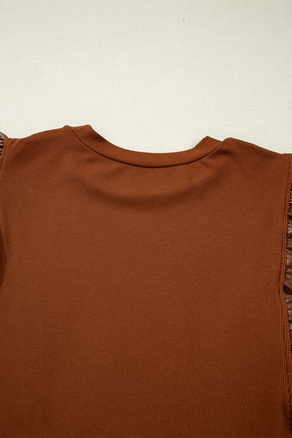 Cinnamon Ruffle Sleeve Faux Leather Round Neck Blouse