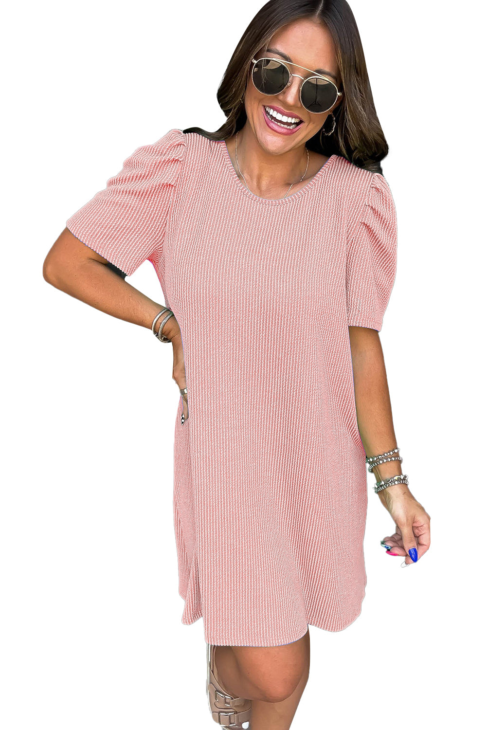 Blossom Corded Crew Neck Puff Sleeve Mini Dress Divine Design4U