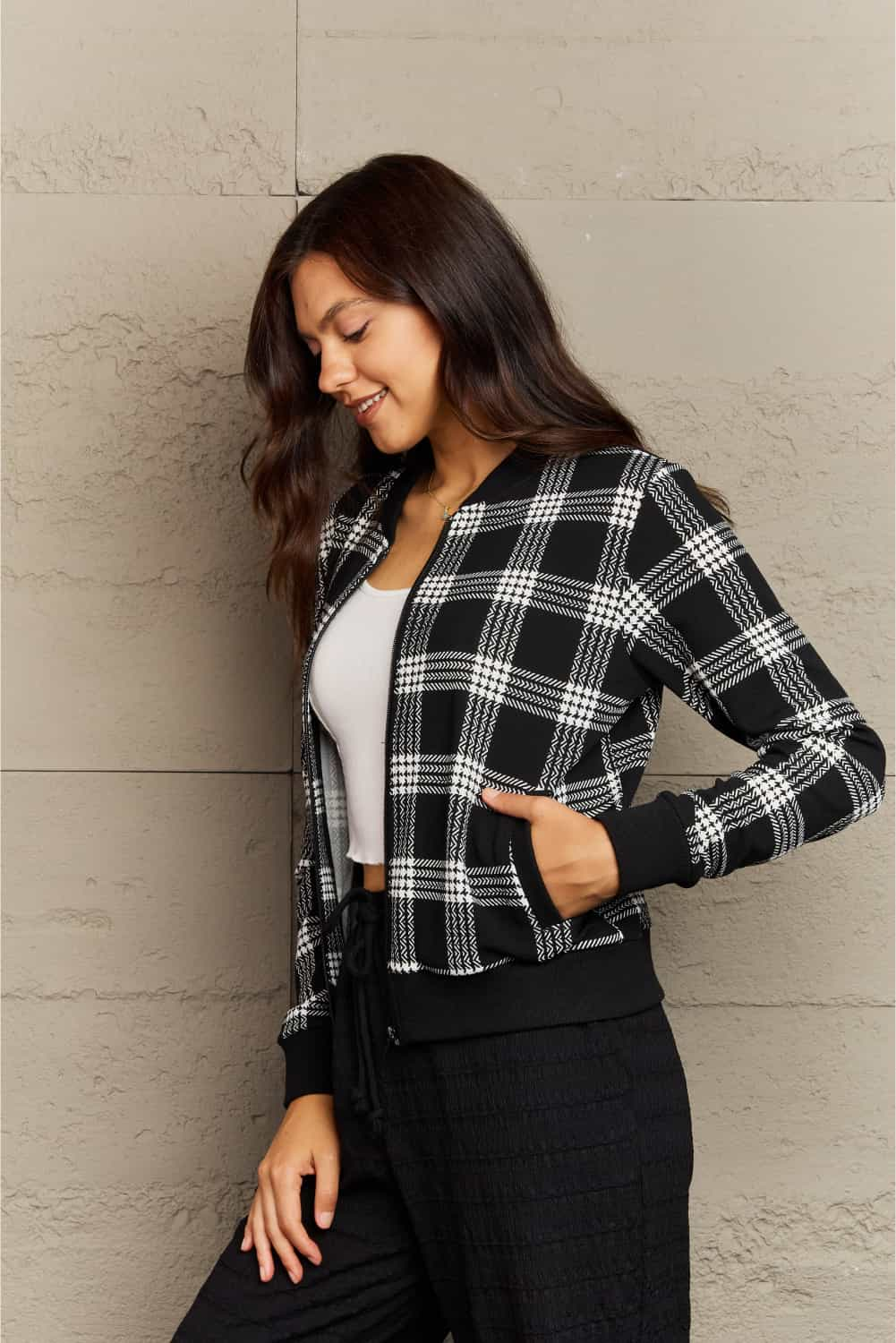 Ninexis Full Size Plaid Round Neck Long Sleeve Jacket.