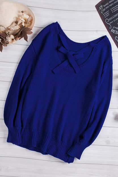 Double Take Tied Balloon Sleeve Round Neck Sweater.