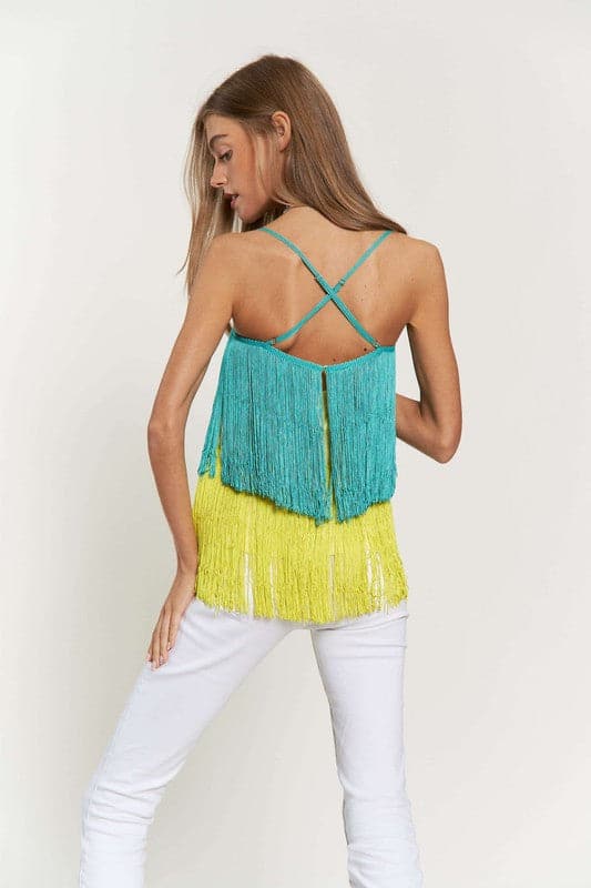 Fringe Overlay Cross Straps Party Cami Top.