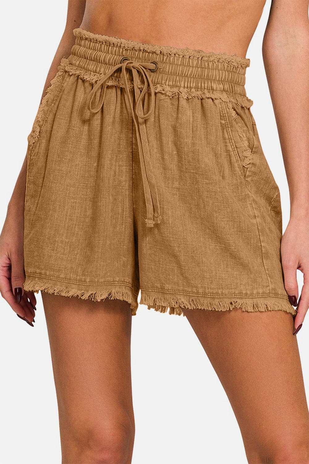 Zenana Washed Linen Frayed Hem Drawstring Shorts.