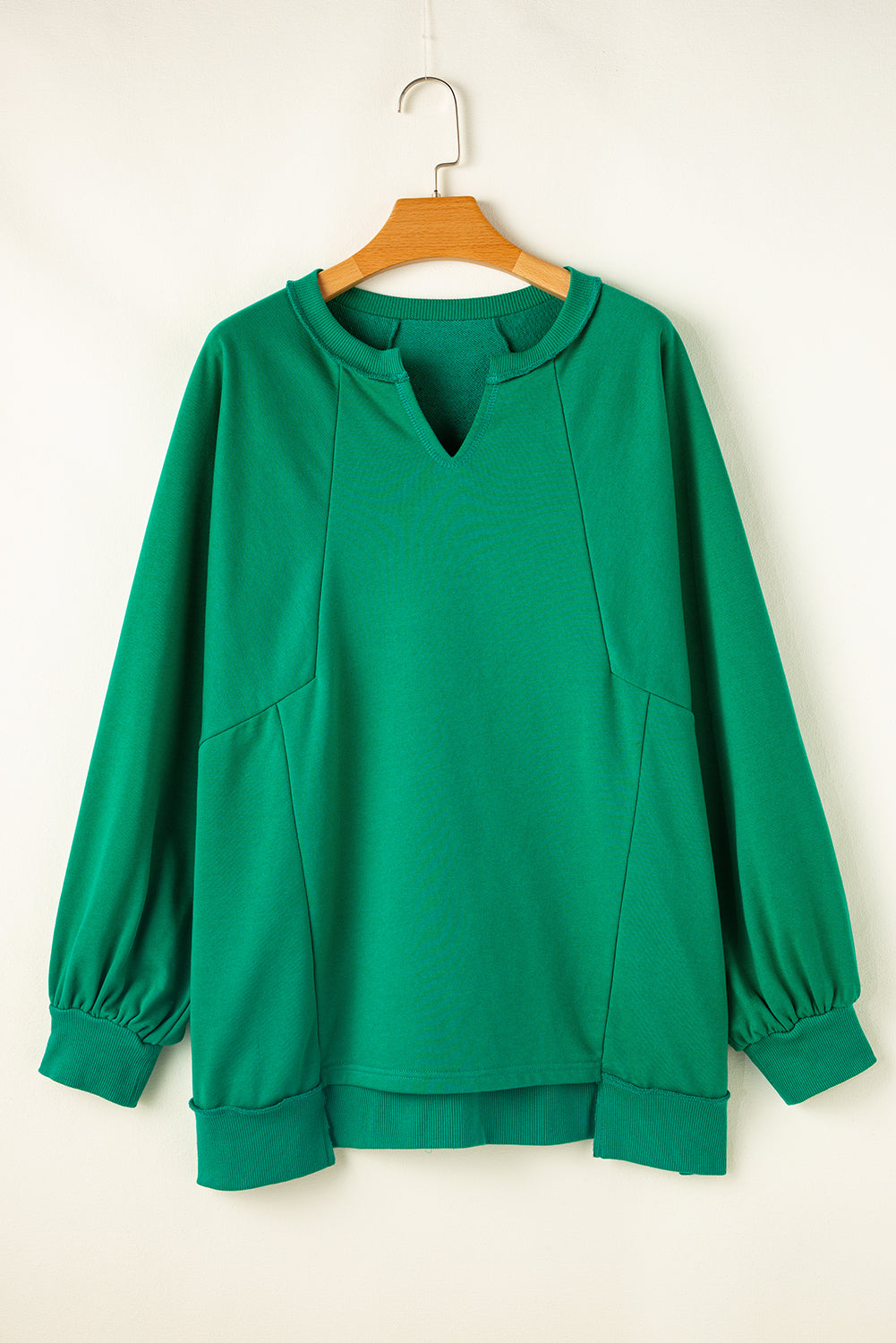 Chic bright green notch neck plus size sweatshirt with exposed seams