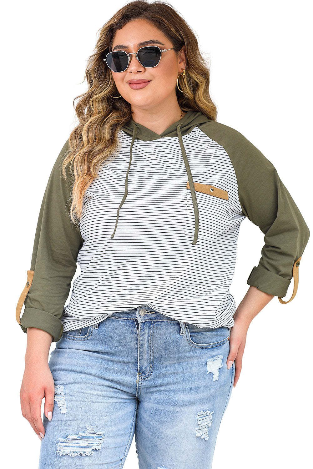 Green striped plus size hoodie with raglan sleeves and buttoned pocket