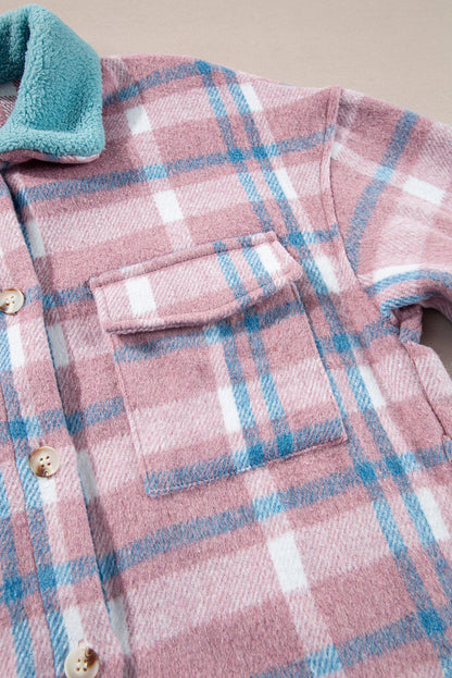 Pink plaid color block shacket