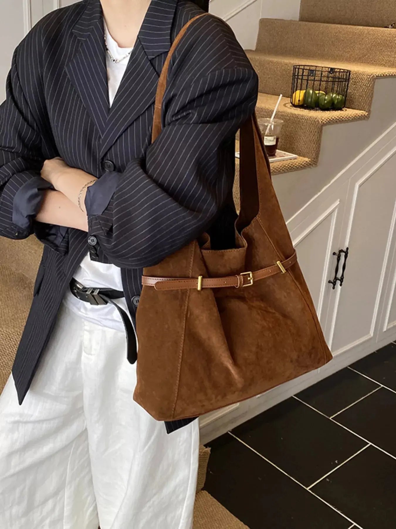 Imported Suede Buckle Shoulder Bag With Adjustable Strap Large Simply Love