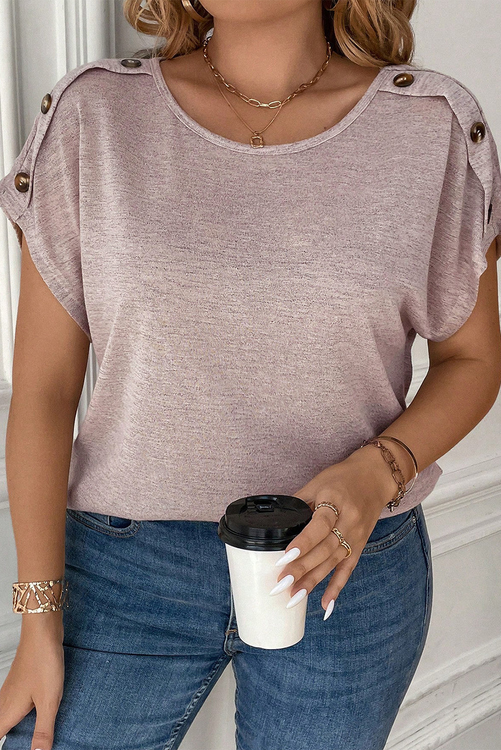 Chic plus size batwing sleeve tee with button accents