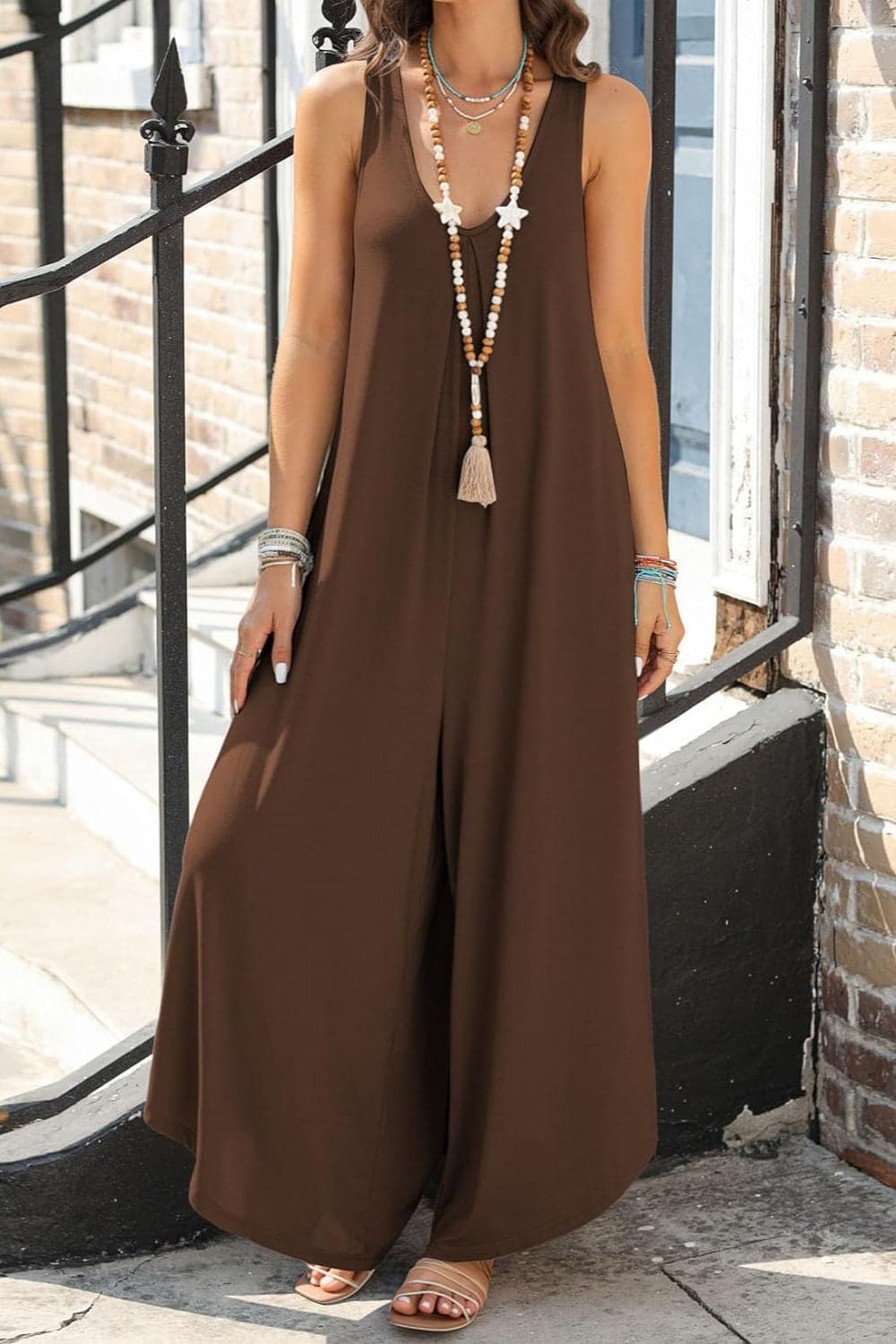 Pocketed Scoop Neck Wide Leg Jumpsuit.