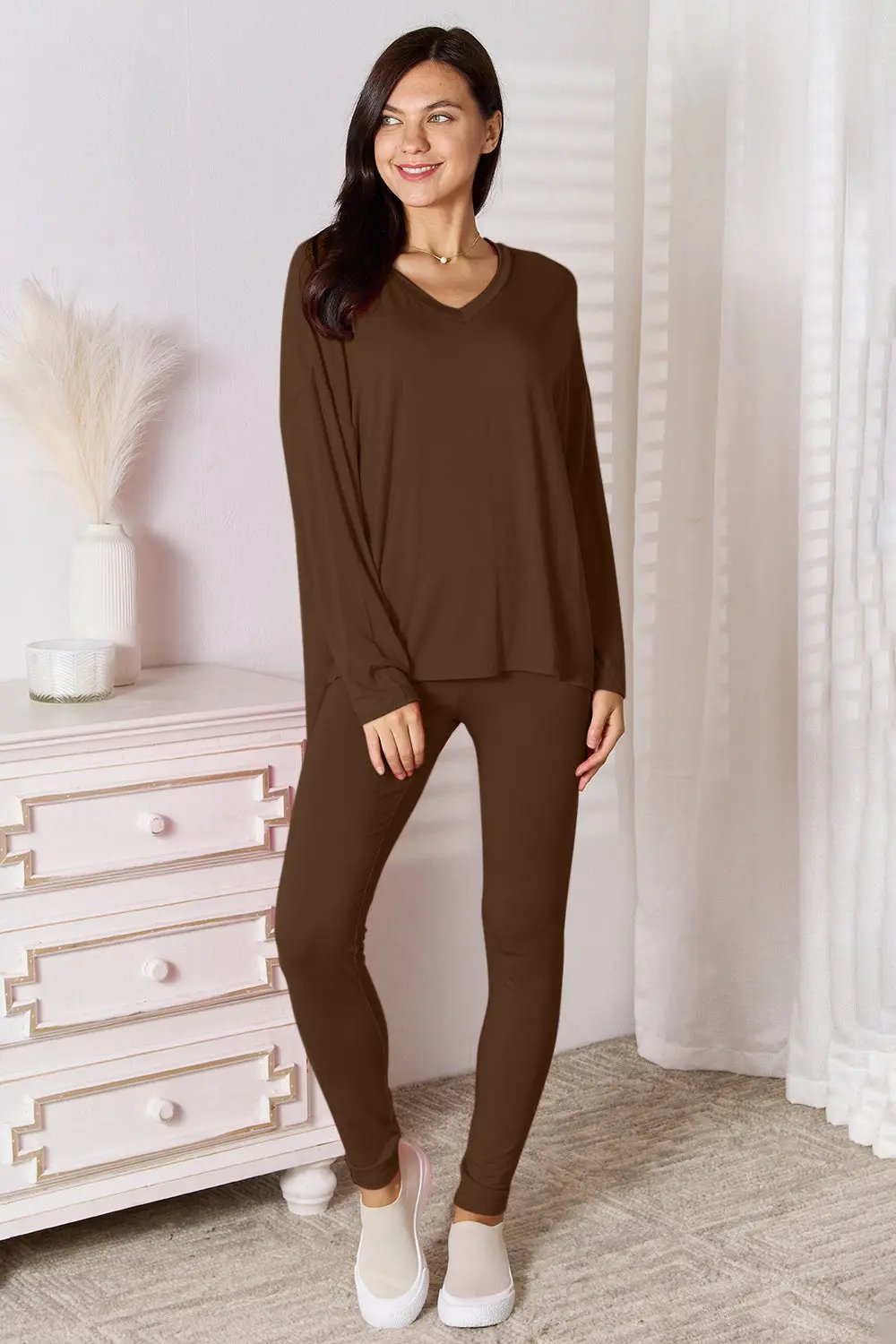 Basic Bae Full Size V-Neck Soft Rayon Long Sleeve Top and Pants Lounge Set - Love Salve