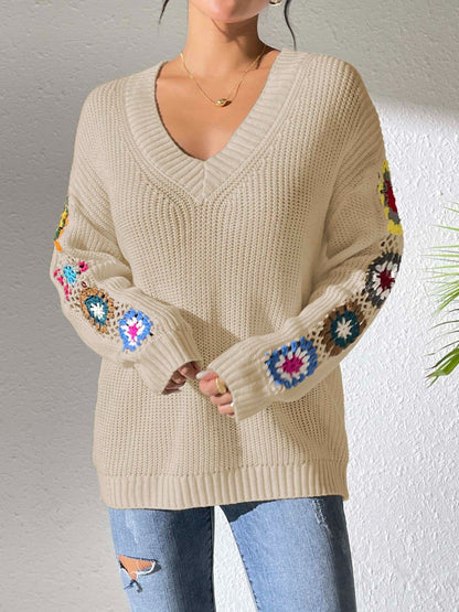 Floral crochet V-neck pullover sweater