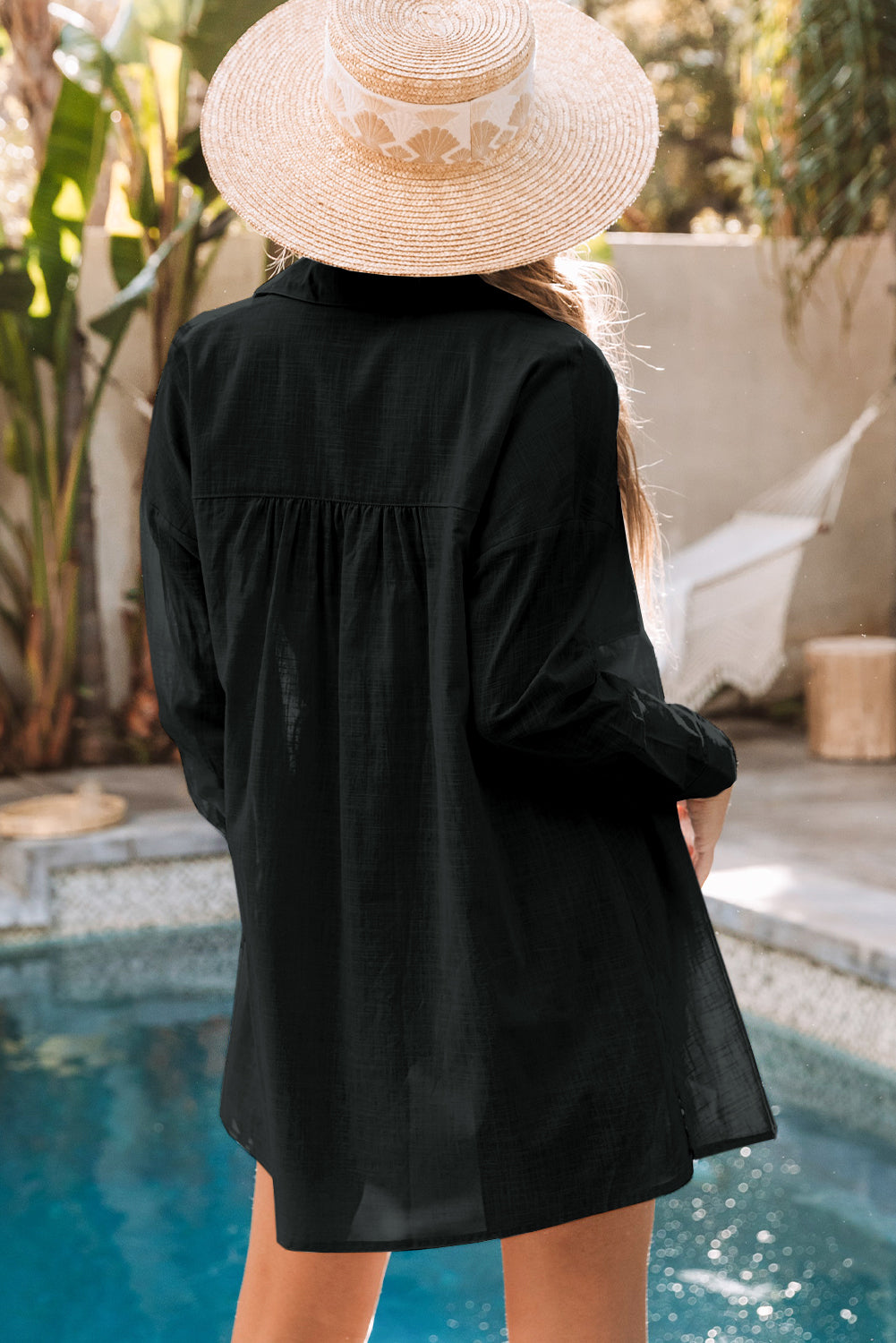 Chic black cotton beach cover-up shirt for summer styling