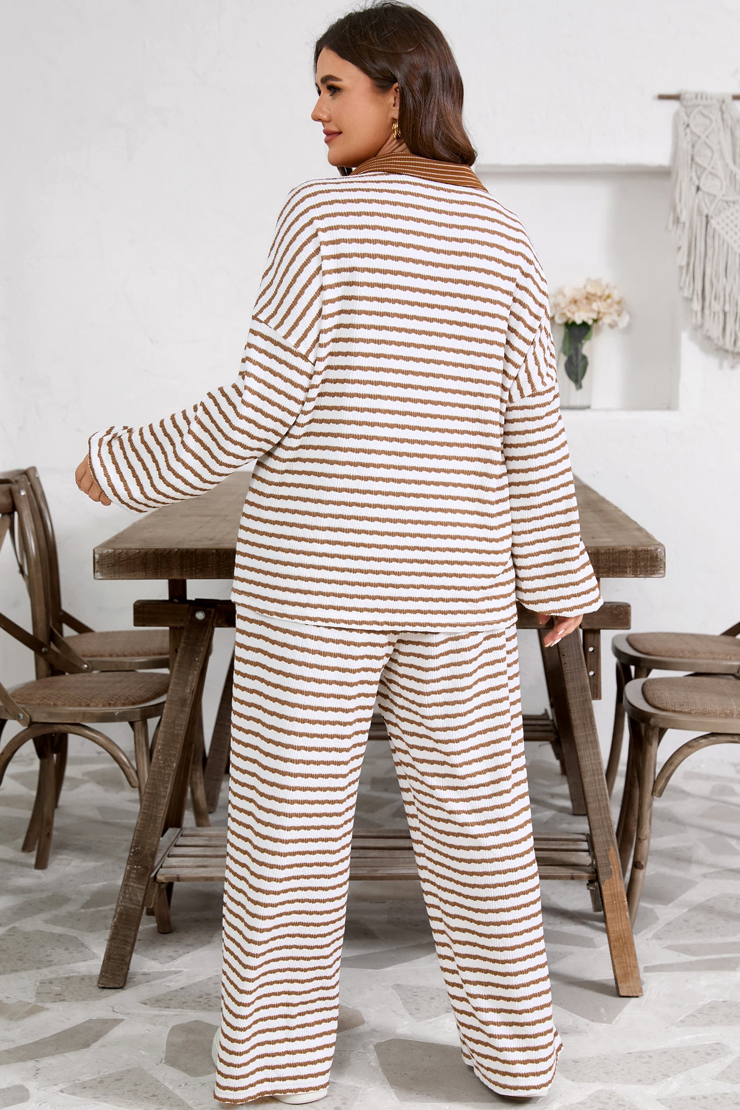 Dear-Lover Khaki Stripe Set Women's Casual Ribbed Wide Leg Loungewear - Comfy & Stylish Dear-Lover Dropshipping