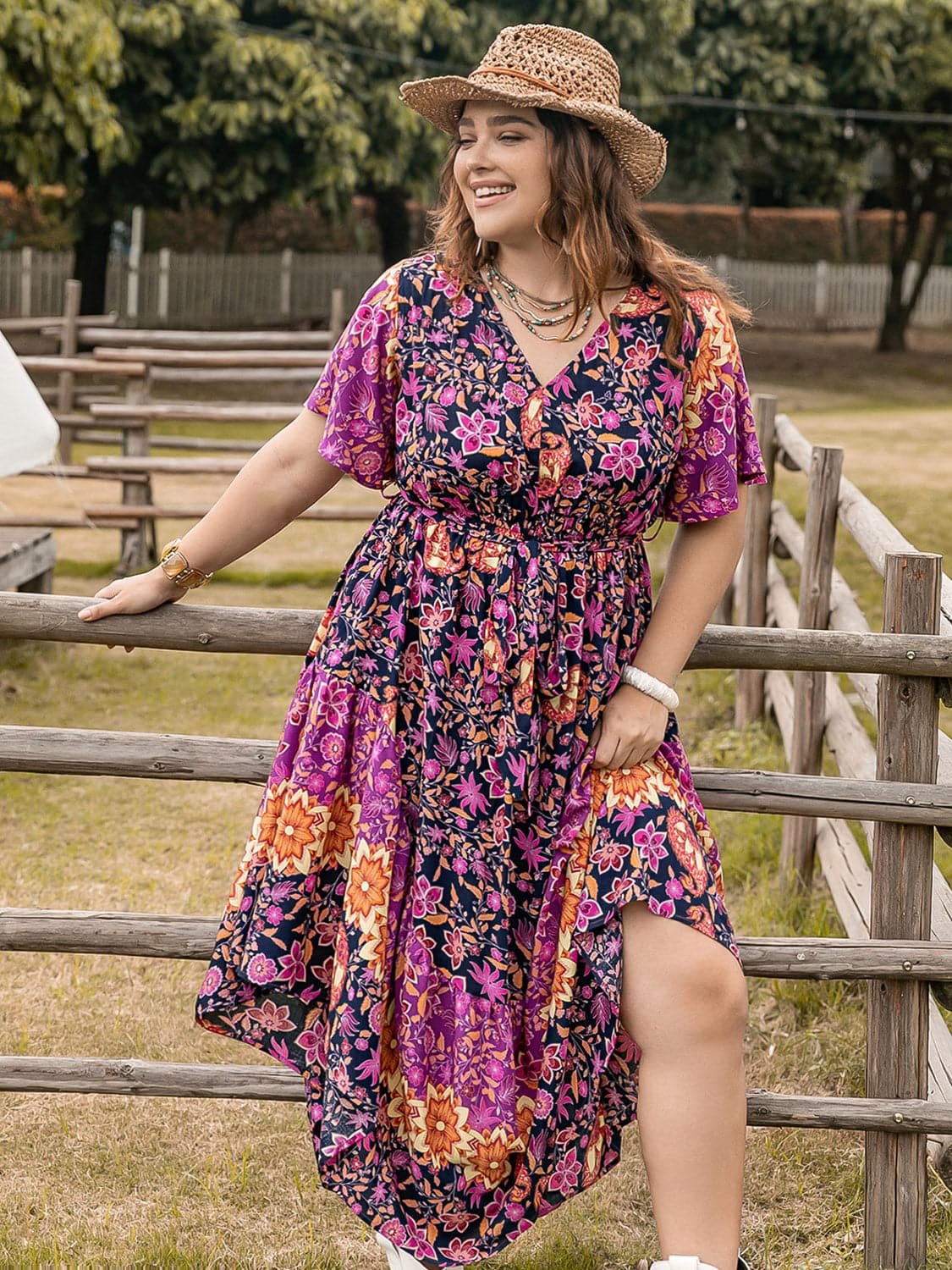 Plus Size Printed V-Neck Flutter Sleeve Midi Dress.