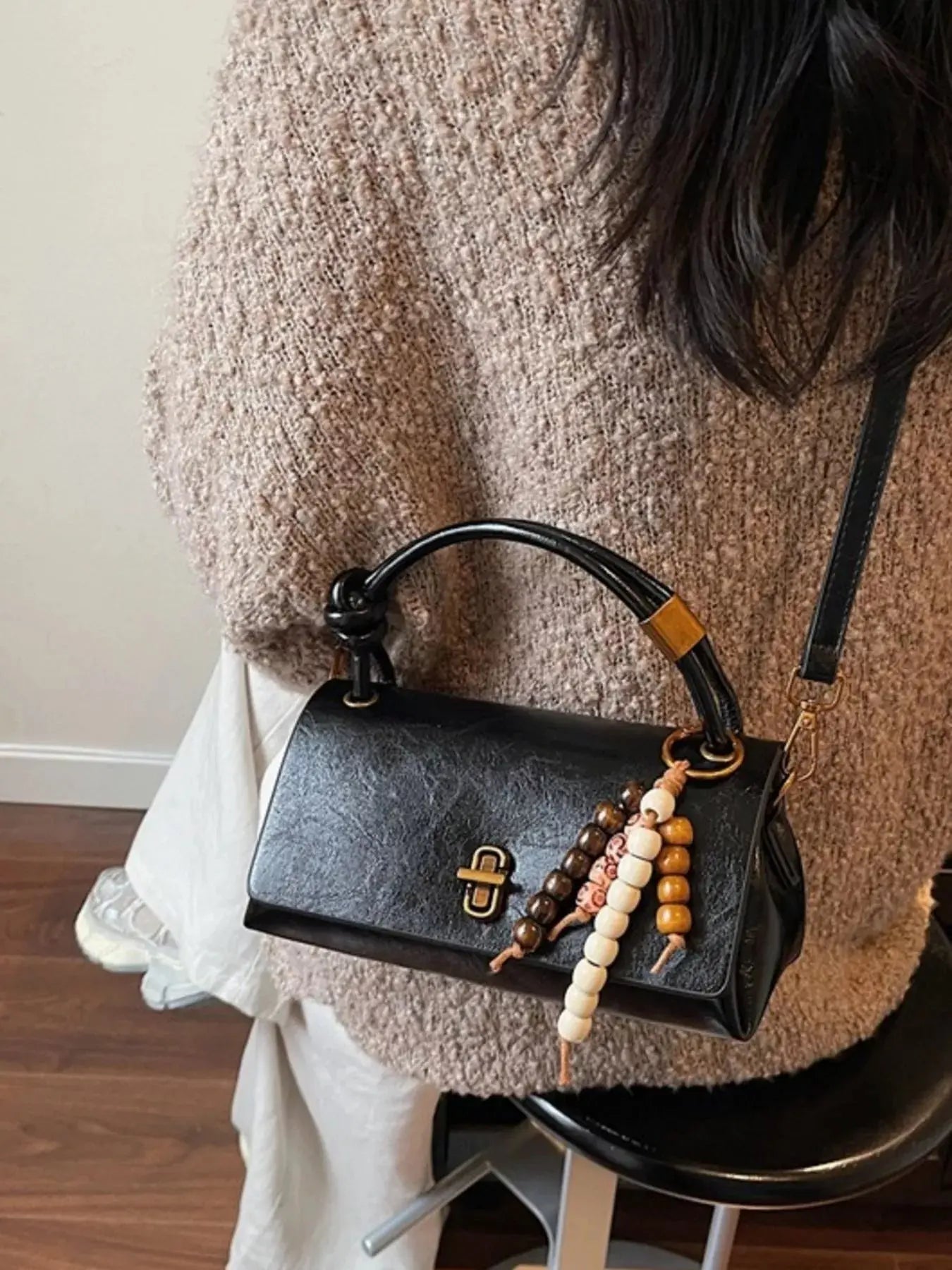 Leather Crossbody Bag with Bead Charm Simply Love