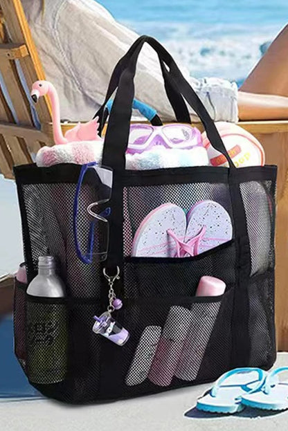 Versatile black mesh tote bag with multiple pockets