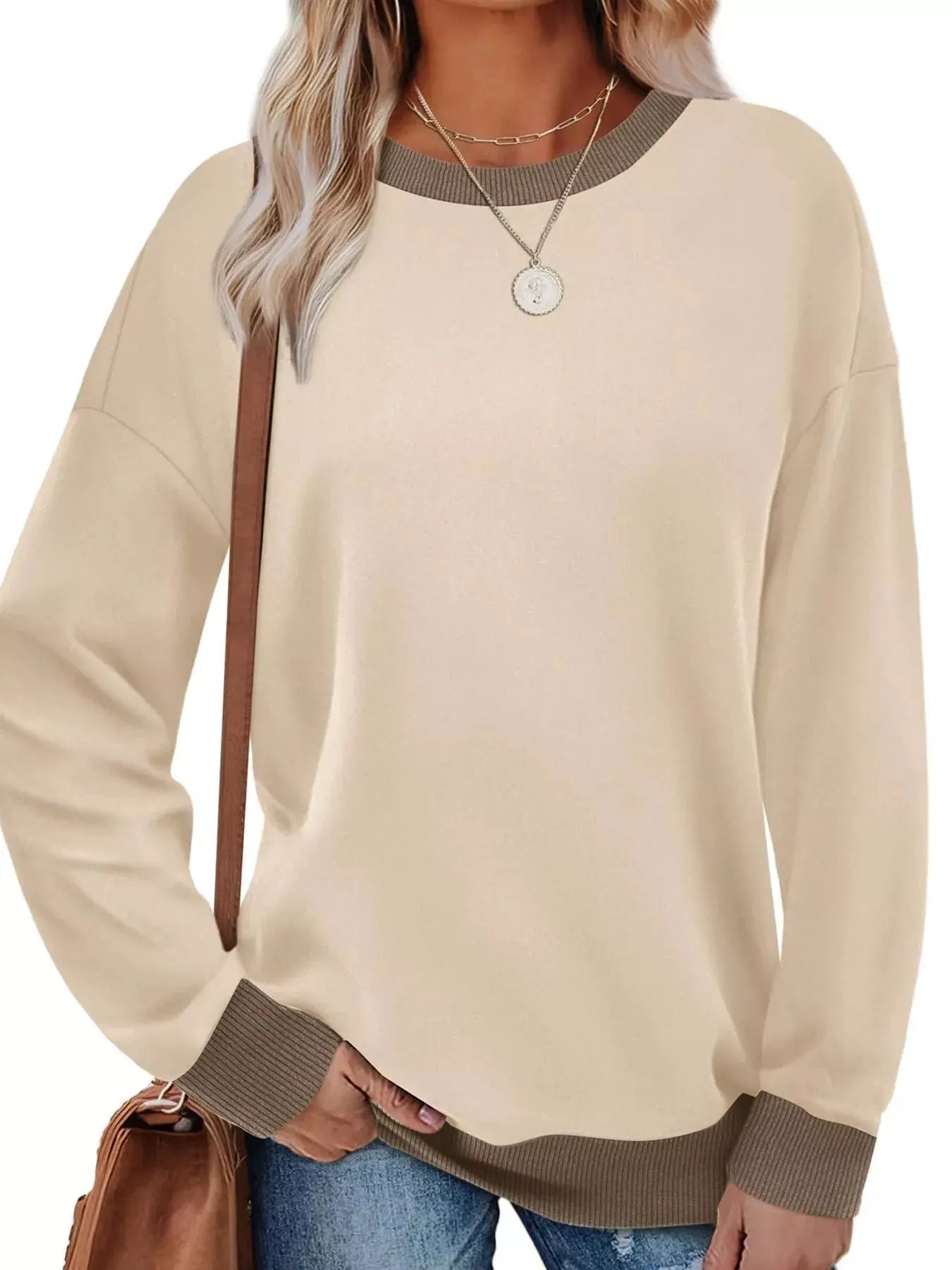 Contrast Trim Crew Neck Casual Sweatshirt Simply Love