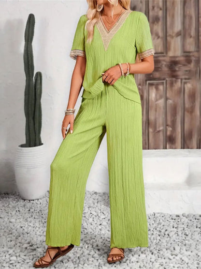 V-Neck Short Sleeve Top and Pants Set.