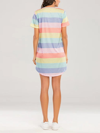 Striped Round Neck Short Sleeve Tee Dress.