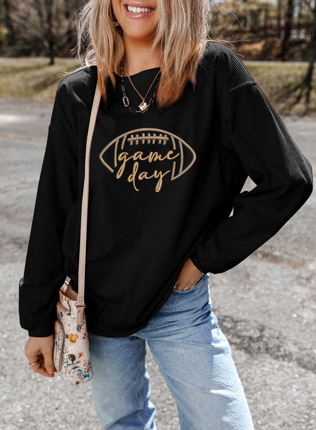 Premium Black Rugby Game Day Embroidered Corduroy Sweatshirt Dear-Lover Dropshipping
