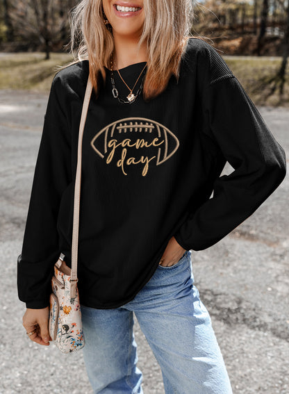 Premium Black Rugby Game Day Embroidered Corduroy Sweatshirt