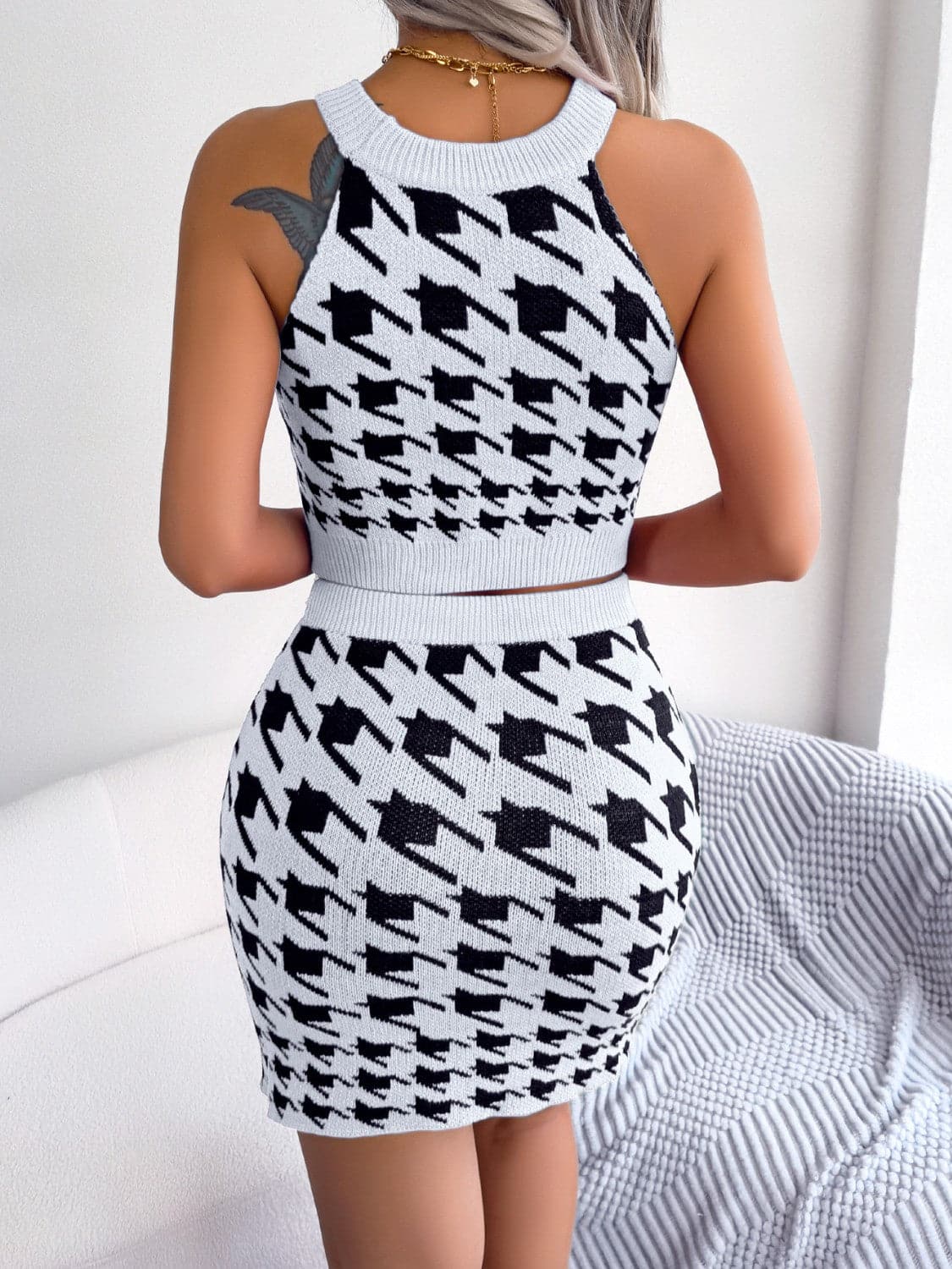 Houndstooth Sleeveless Top and Skirt Sweater Set.