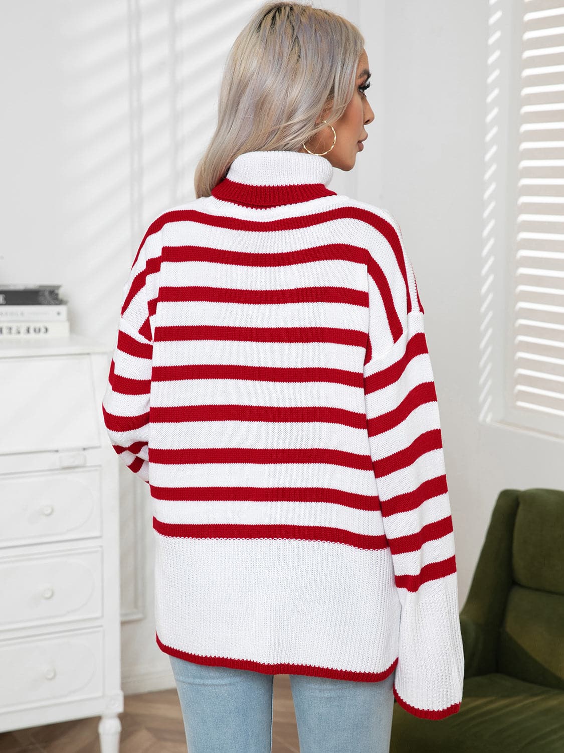 Striped Slit Turtleneck Drop Shoulder Sweater.