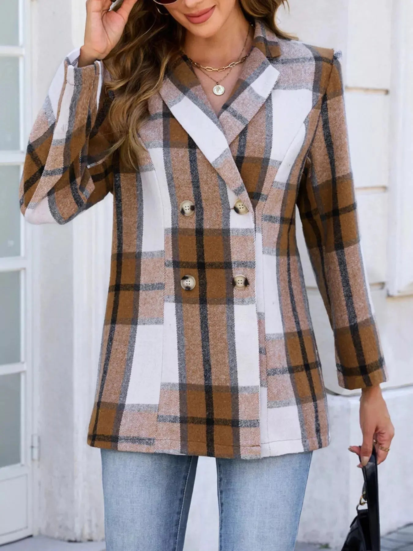Plaid Double Breasted Blazer For Women With Lined Body Polyester Office Ready Simply Love
