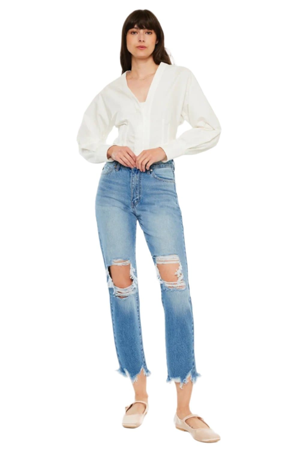 Kancan Distressed Frayed Hem Cropped Jeans.