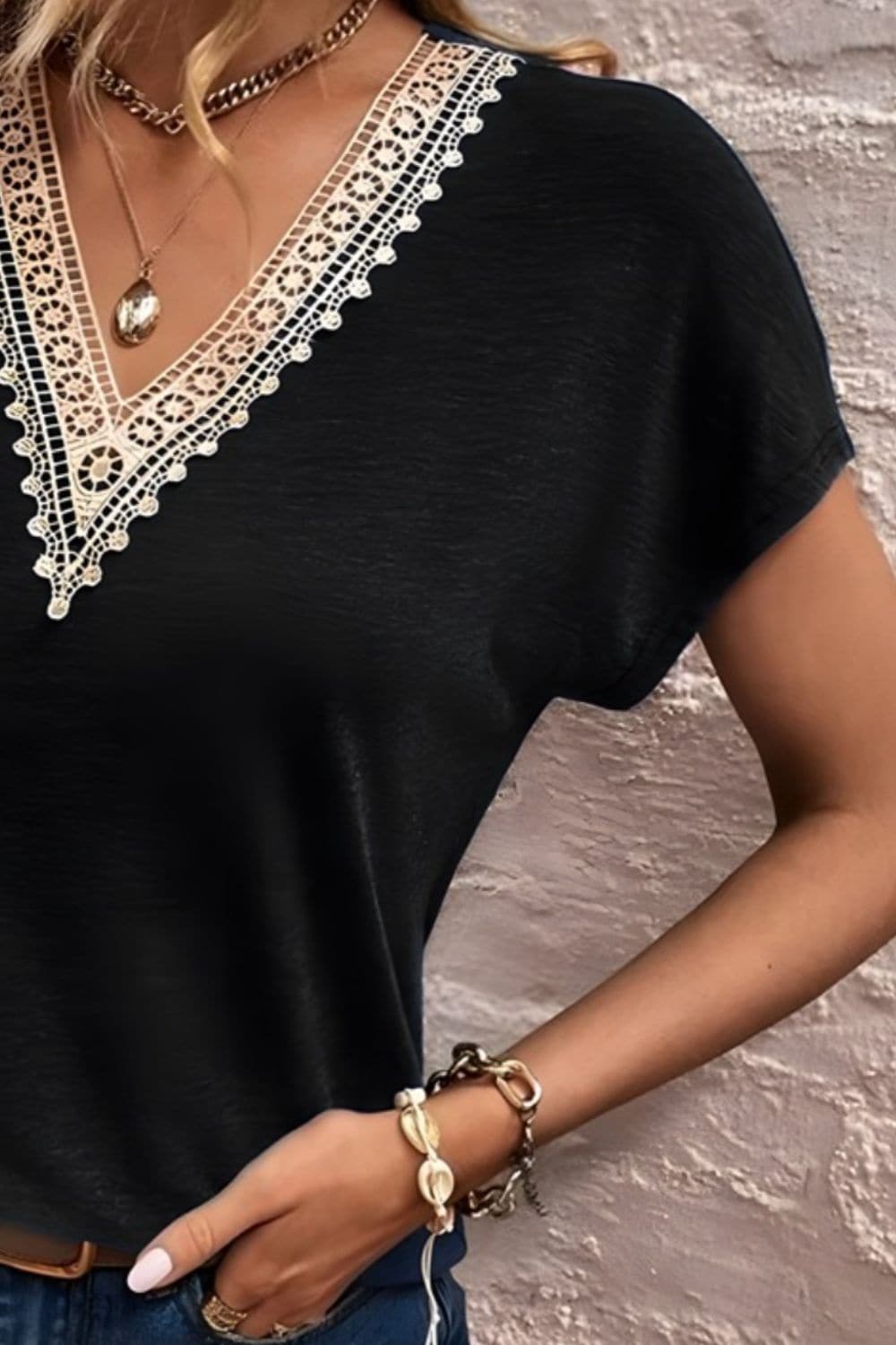 Full Size Lace Detail V-Neck Short Sleeve T-Shirt.