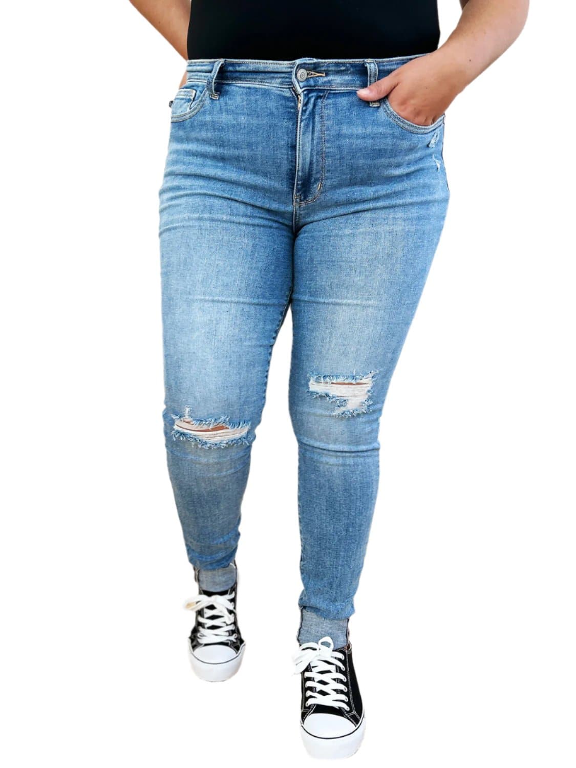 Judy Blue Full Size Mid Rise Destroy & Cuff Skinny Jeans.