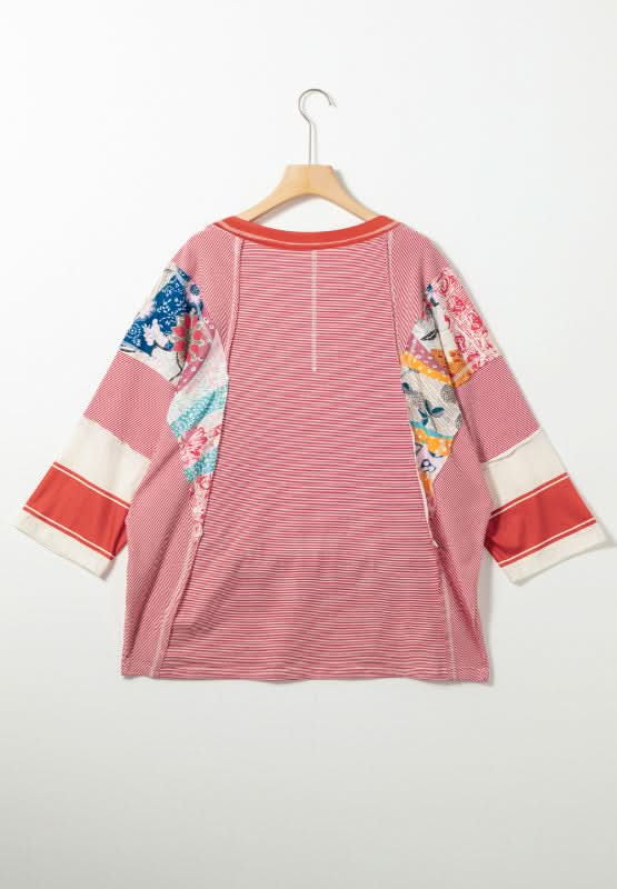 Floral Striped Patchwork Round Neck Blouse