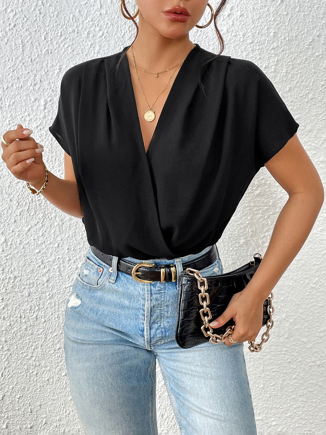 Surplice Short Sleeve Ruched Bodysuit.