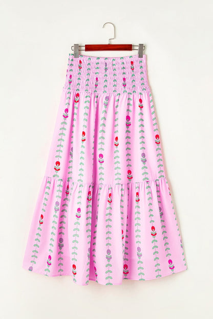 Smocked Printed High Waist Skirt.