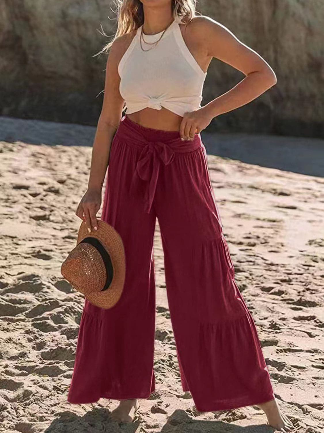 Tied Ruched Wide Leg Pants.