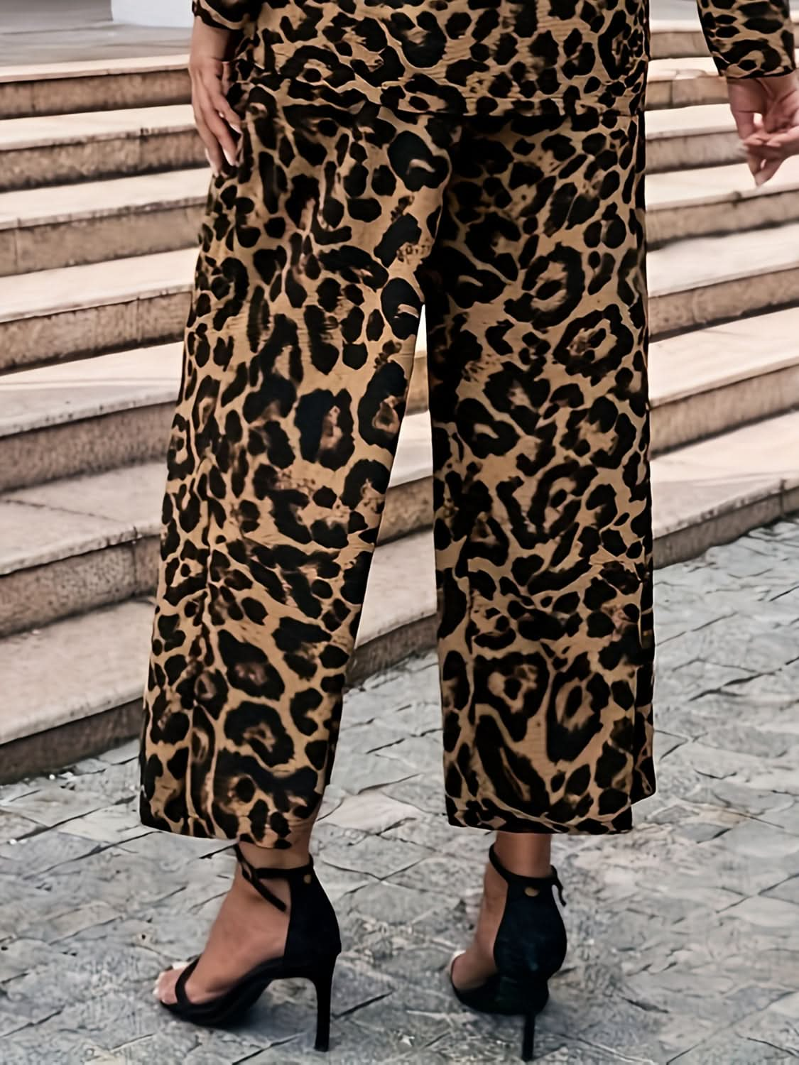 Leopard Print Wide Leg Trousers with Elastic Waistband