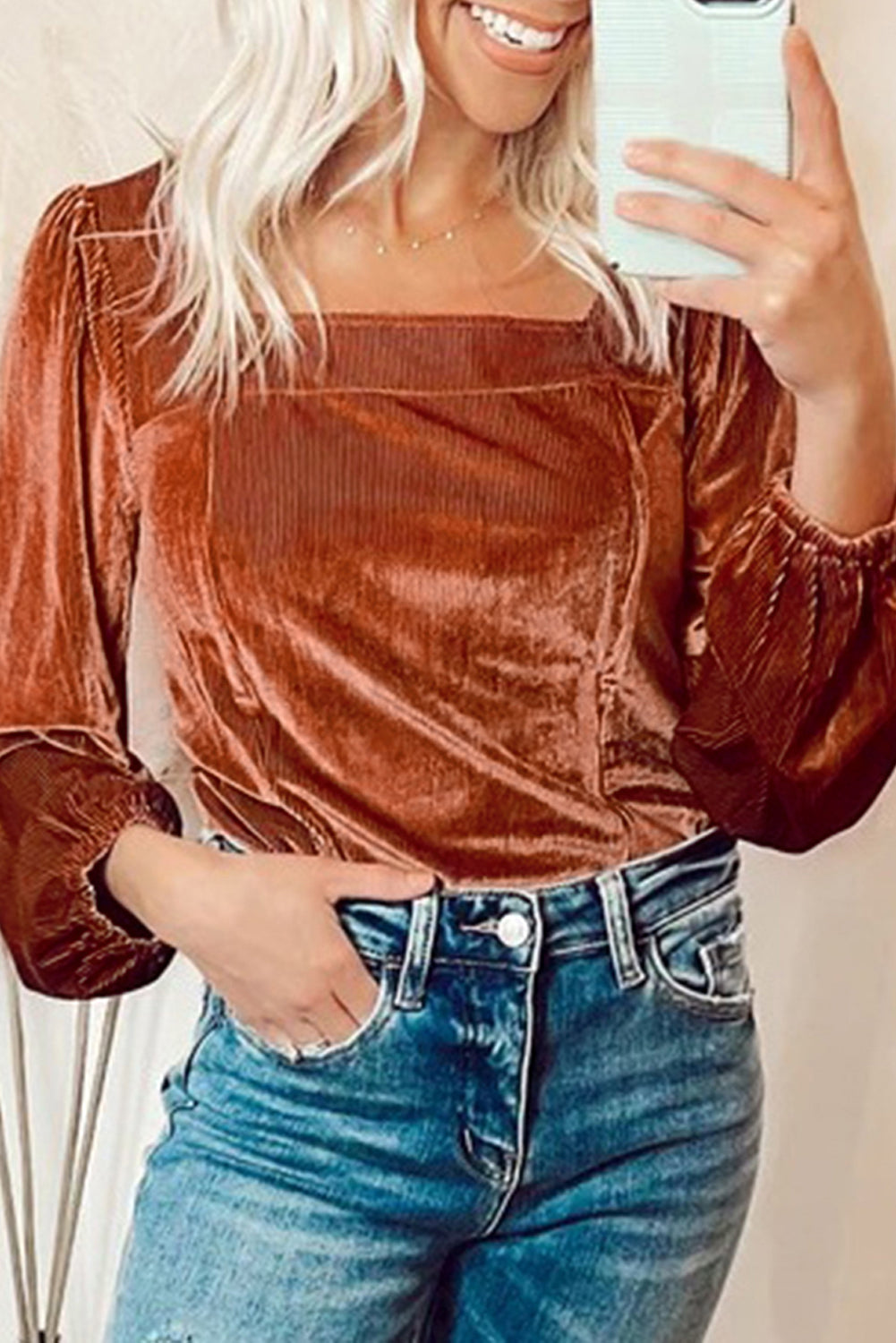 Premium Clay Velvet Ribbed Texture Square Neck Slim Puff Sleeve Top