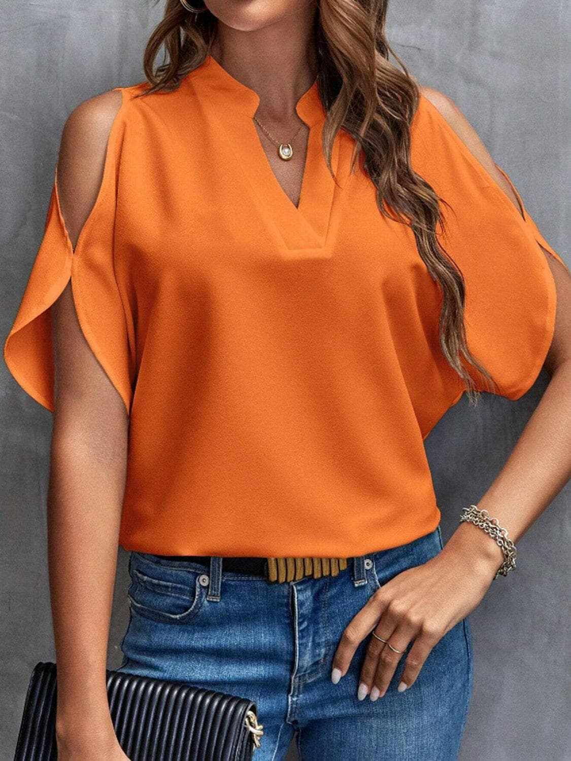 Chic notched cold shoulder blouse - Love Salve 