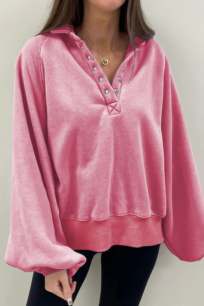 Pink Solid Snap Buttons Collared Balloon Sleeve Oversized Sweatshirt