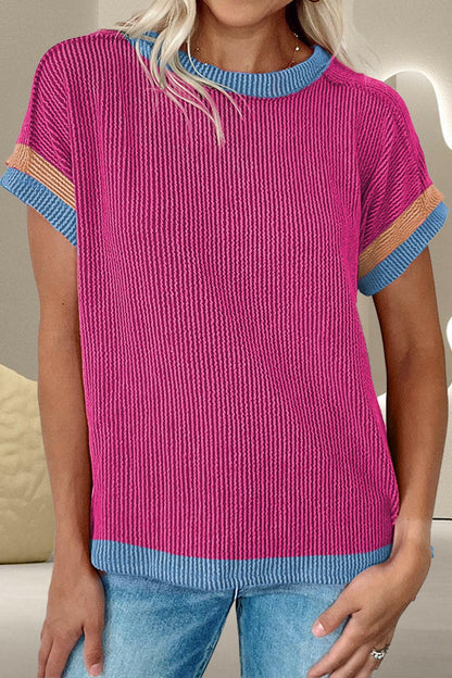 Color Block Round Neck Cap Sleeve T-Shirt.