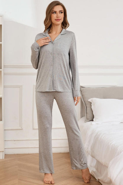 Button Up Long Sleeve Top and Pants Lounge Set