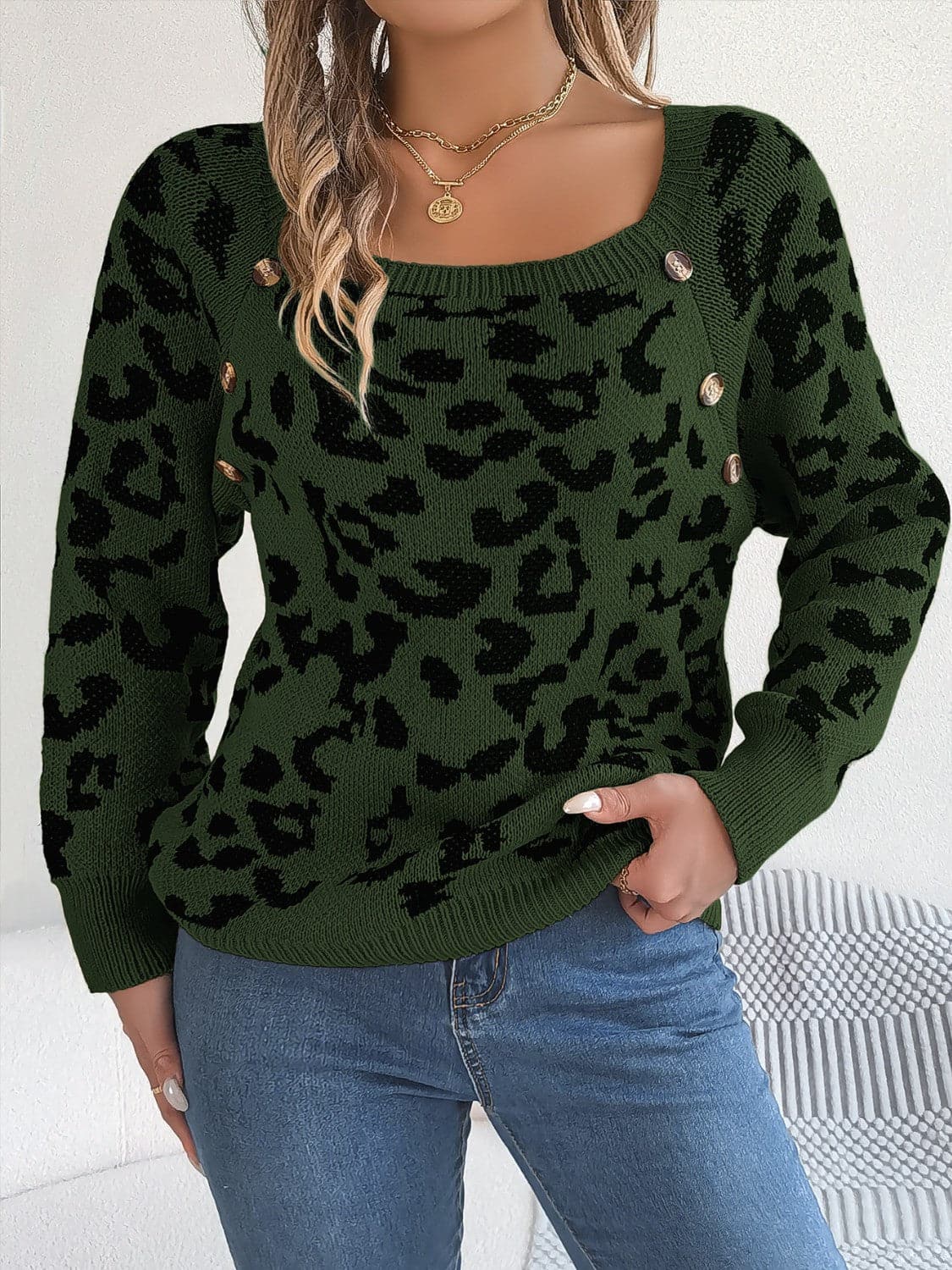 Leopard Buttoned Square Neck Sweater.