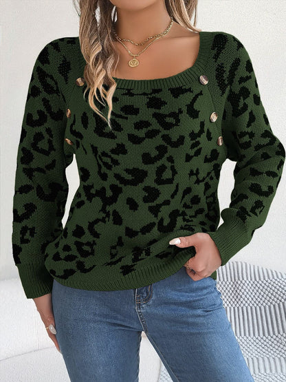 Leopard Buttoned Square Neck Sweater.