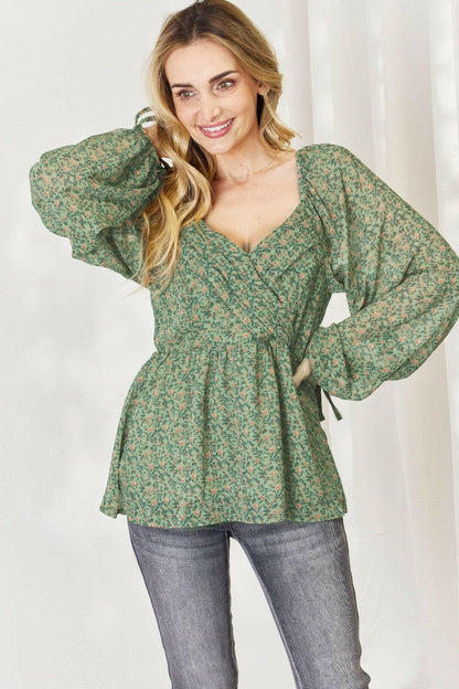 HEYSON Full Size Floral Surplice Peplum Blouse.