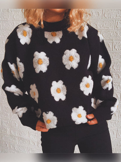 Flower Round Neck Long Sleeve Sweater.