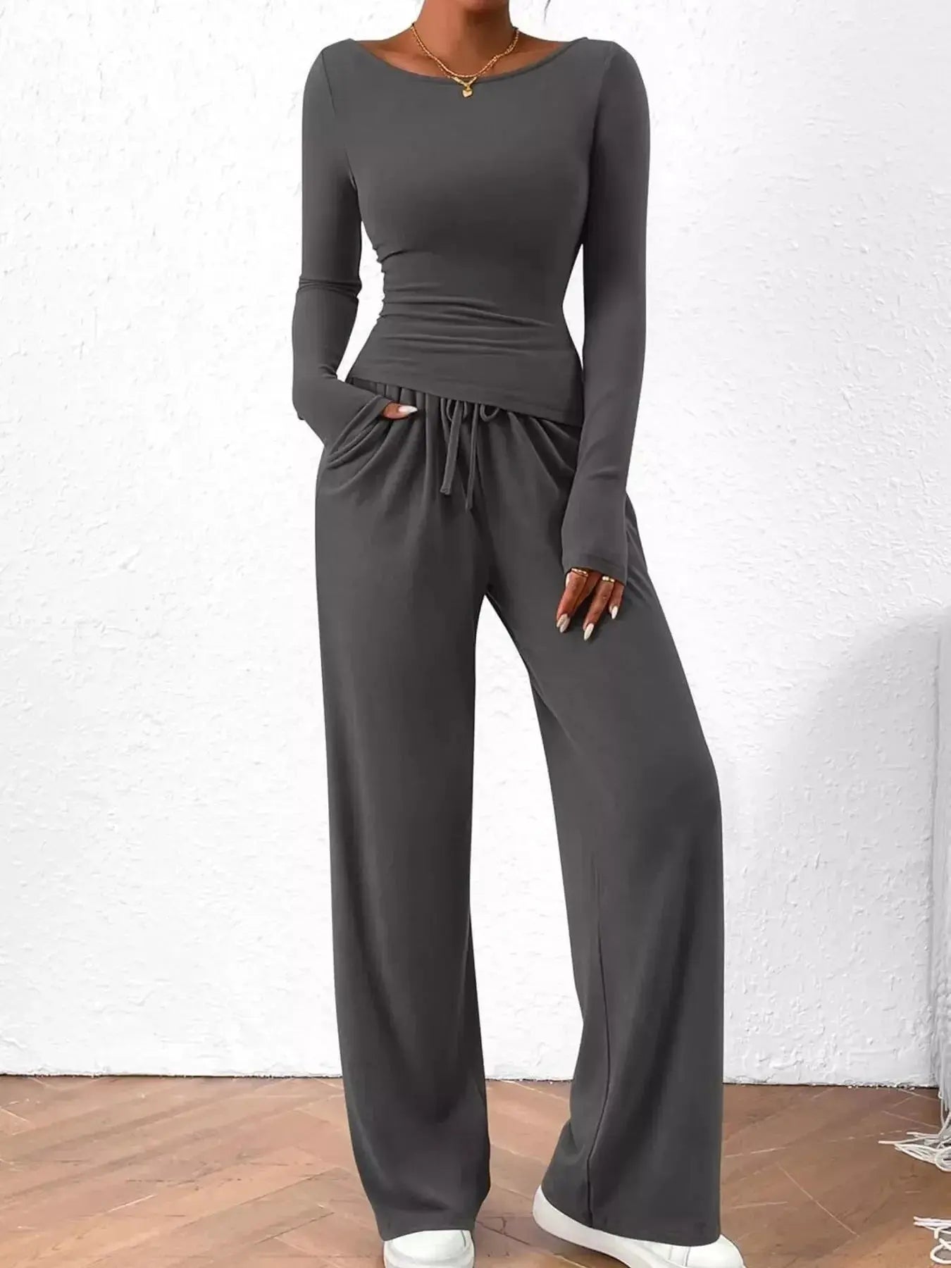 Long Sleeve Top and Wide Leg Pants Set Simply Love