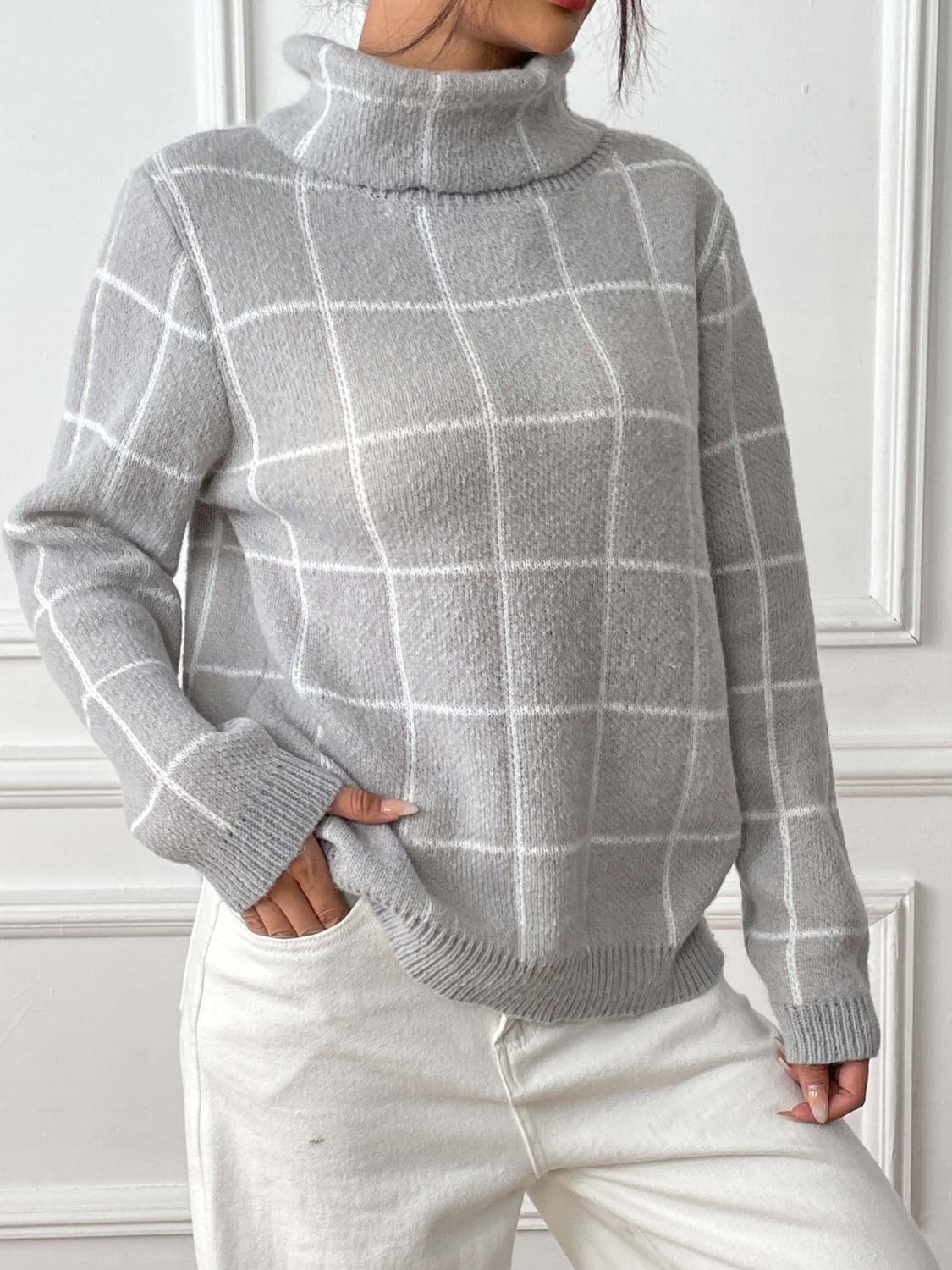 Cozy plaid turtleneck sweater with long sleeves