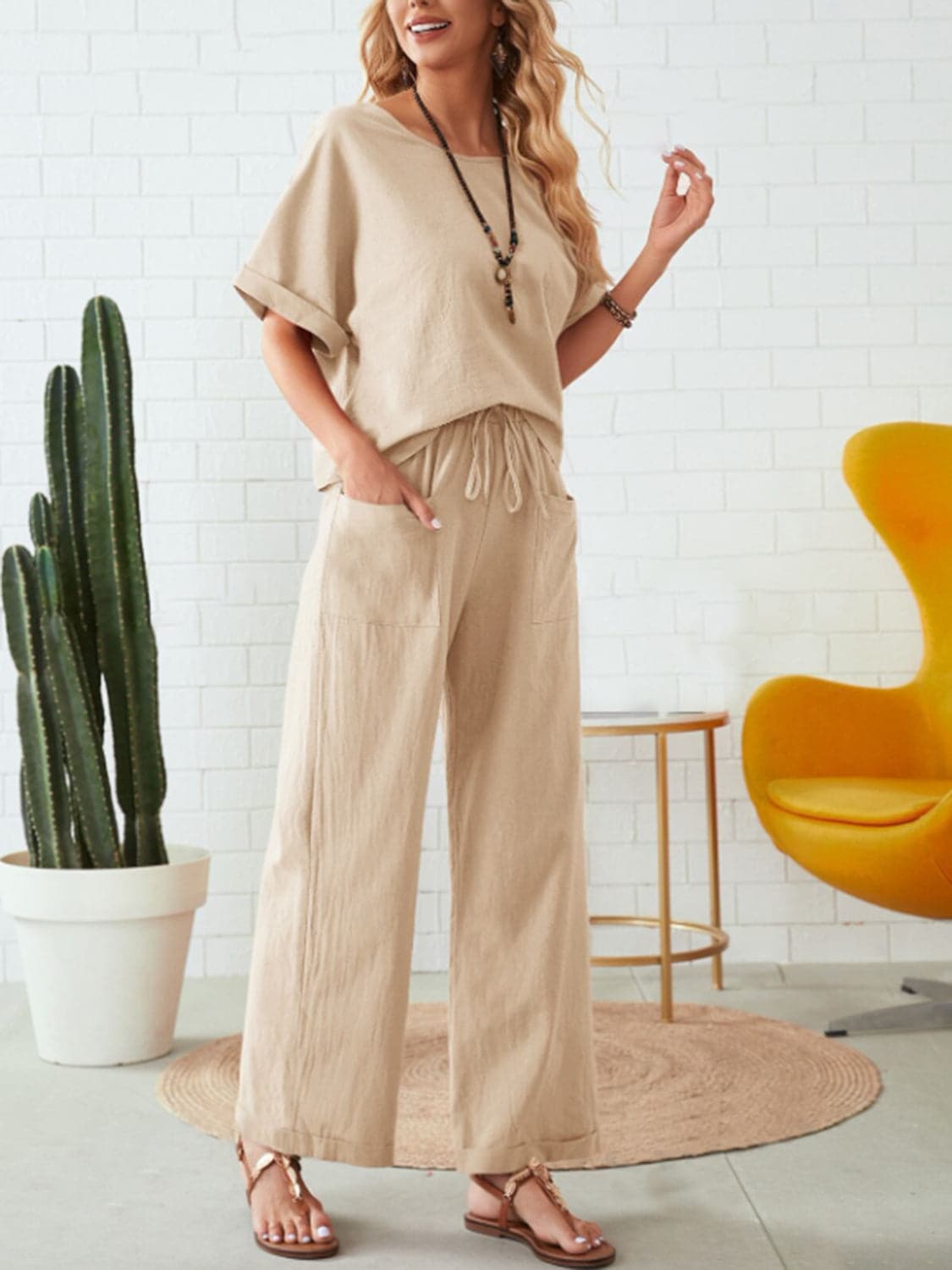 Round Neck Half Sleeve Top and Pocketed Pants Set.