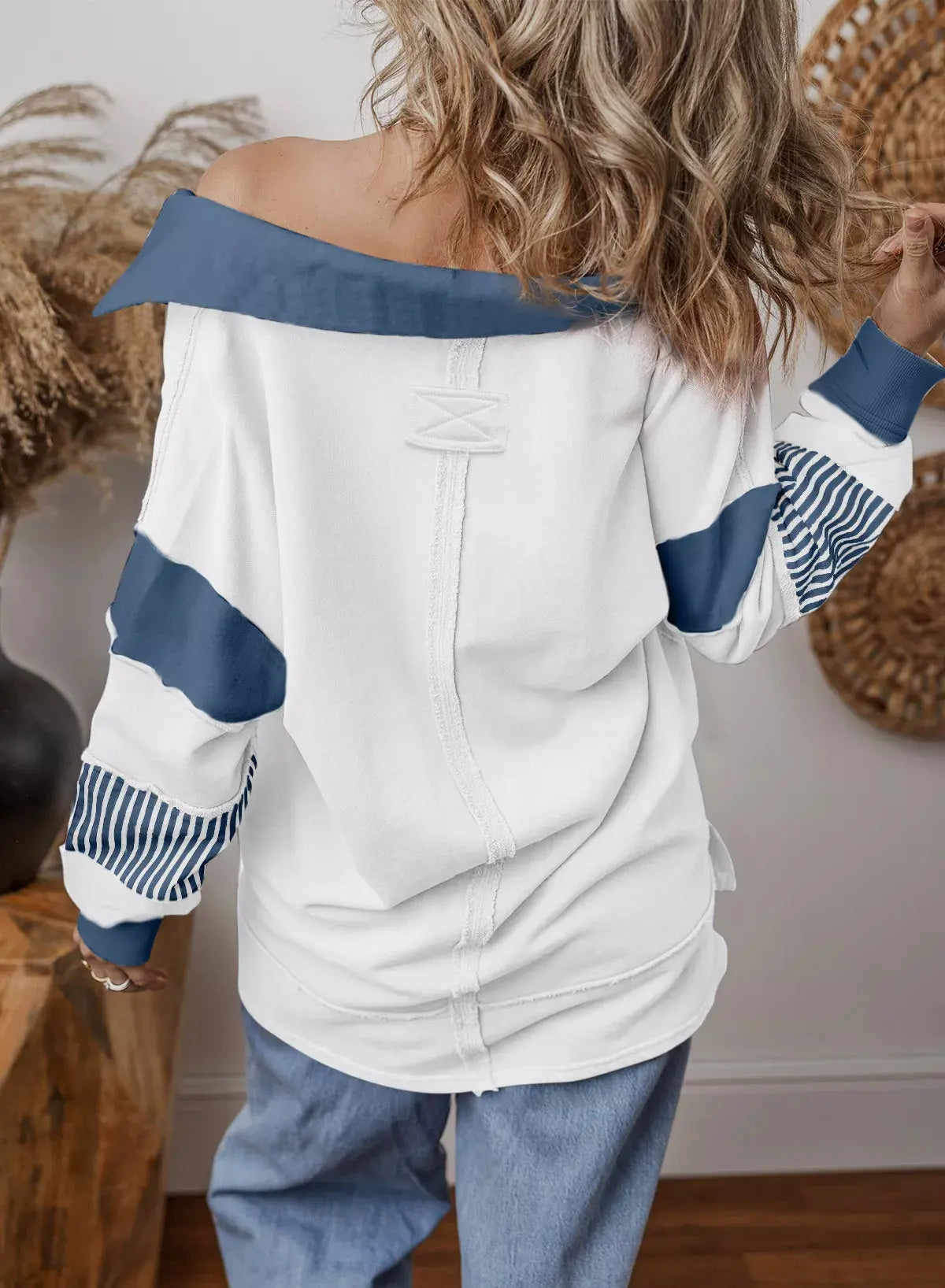 Color Block Striped Johnny Collar Sweatshirt Simply Love