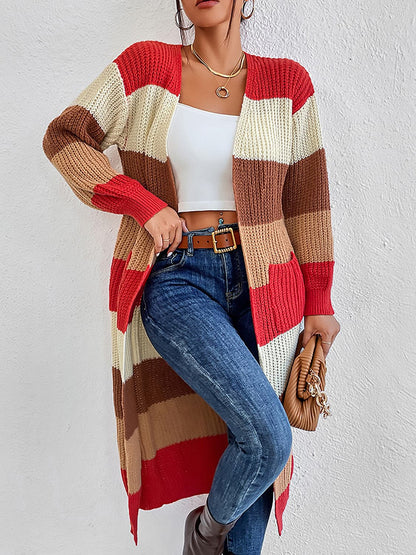 Color Block Open Front Longline Cardigan.