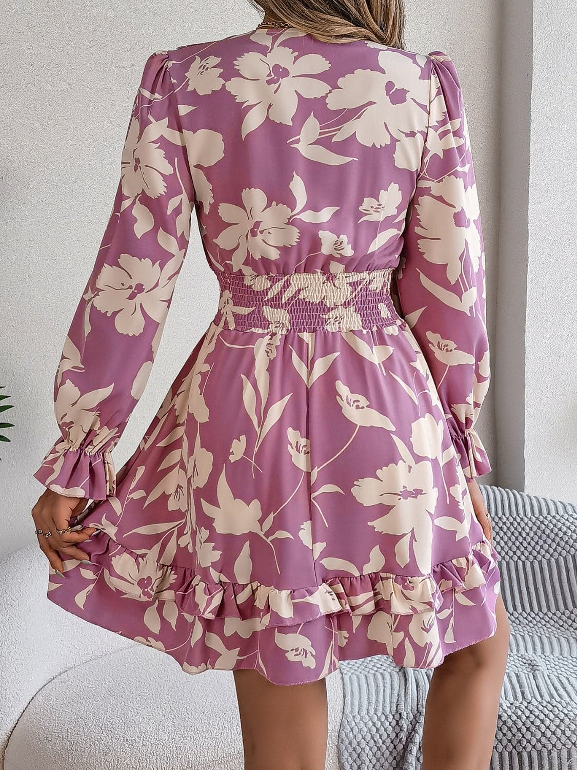 Tied Ruffled Printed Long Sleeve Dress.